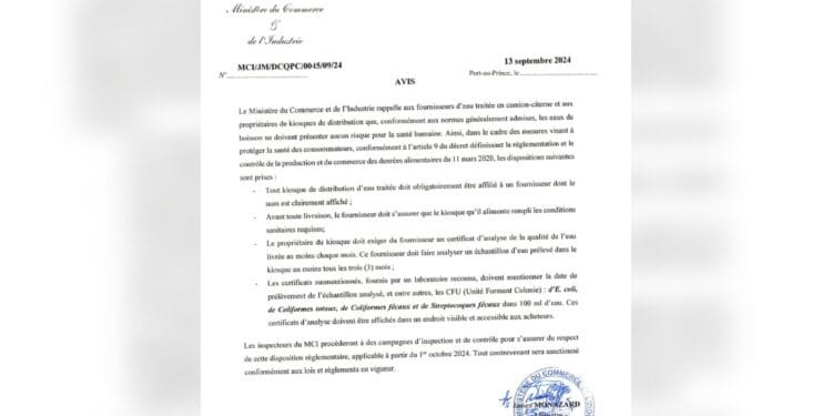 Le Ministère du Commerce et de l&rsquo;Industrie impose des mesures strictes aux producteurs et distributeurs d&rsquo;eau traitée en Haïti