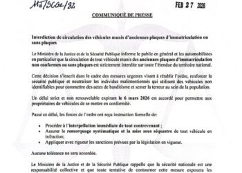 Le Ministère de la Justice interdit la circulation des véhicules sans plaques d’immatriculation ou avec des plaques anciennes
