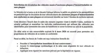 Le Ministère de la Justice interdit la circulation des véhicules sans plaques d’immatriculation ou avec des plaques anciennes