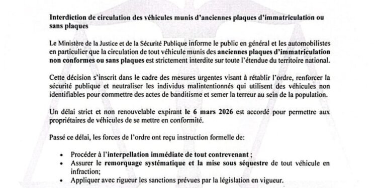 Le Ministère de la Justice interdit la circulation des véhicules sans plaques d’immatriculation ou avec des plaques anciennes